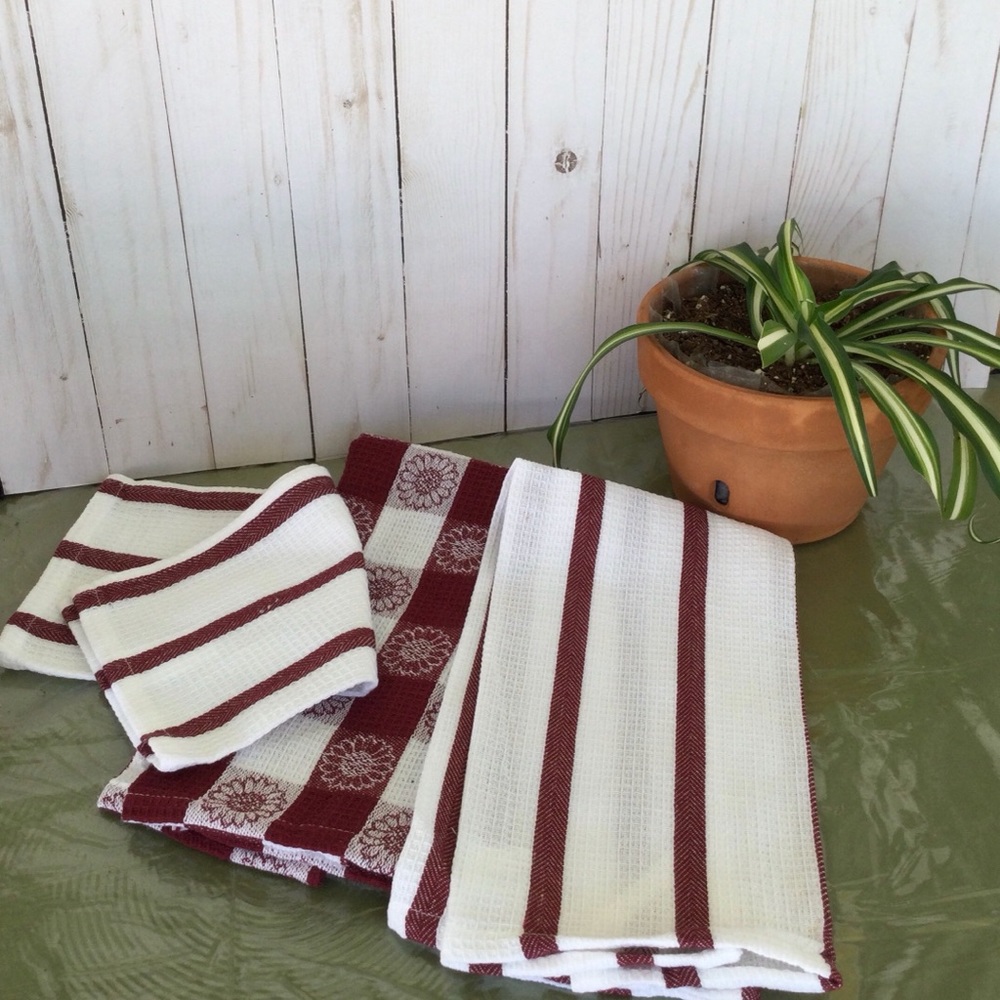 Two Burgundy Kitchen Towels w/smaller Counter Towel